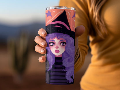 Witch with black cat under stars 20oz skinny tumbler - Premium tumbler from MyDesigns - Just $29.95! Shop now at Lees Krazy Teez