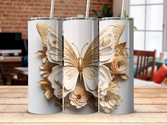 3D Floral Gold Butterfly 20 Oz 20oz skinny tumbler - Premium tumbler from MyDesigns - Just $26.95! Shop now at Lees Krazy Teez