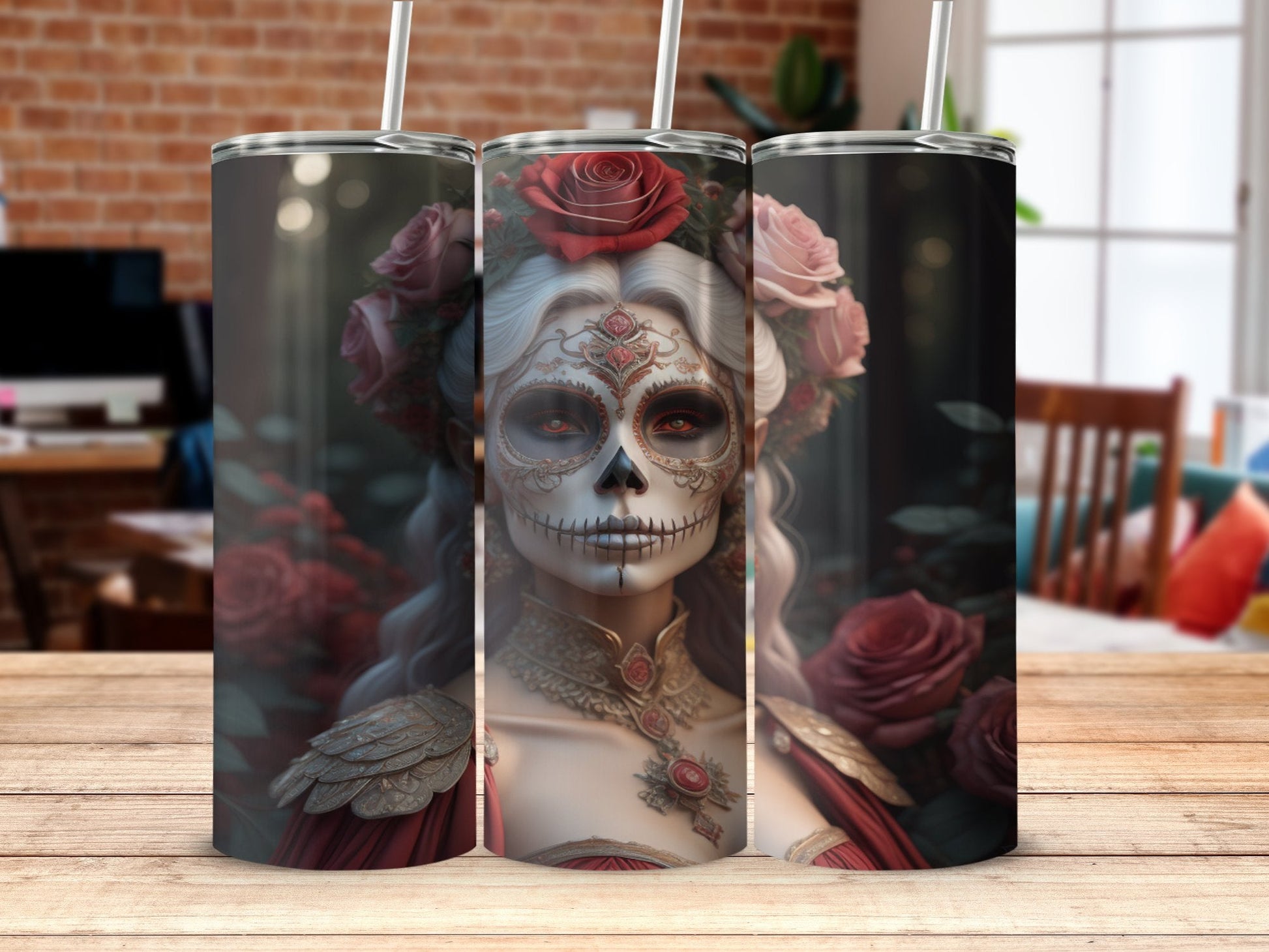 3d skull witch with roses 20oz skinny tumbler - Premium tumbler from MyDesigns - Just $29.95! Shop now at Lees Krazy Teez