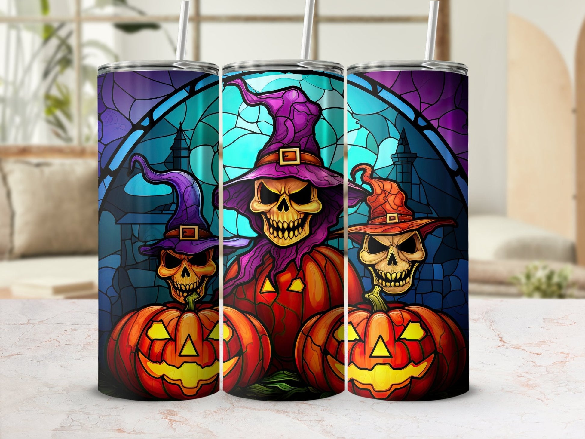 Skull and Pumpkins decor Halloween tumbler - Premium tumbler from MyDesigns - Just $26.95! Shop now at Lees Krazy Teez