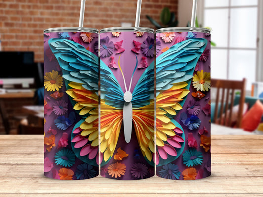3D Colorful Butterfly Flowers 20 Oz tumbler 20oz skinny tumbler - Premium tumbler from MyDesigns - Just $26.95! Shop now at Lees Krazy Teez