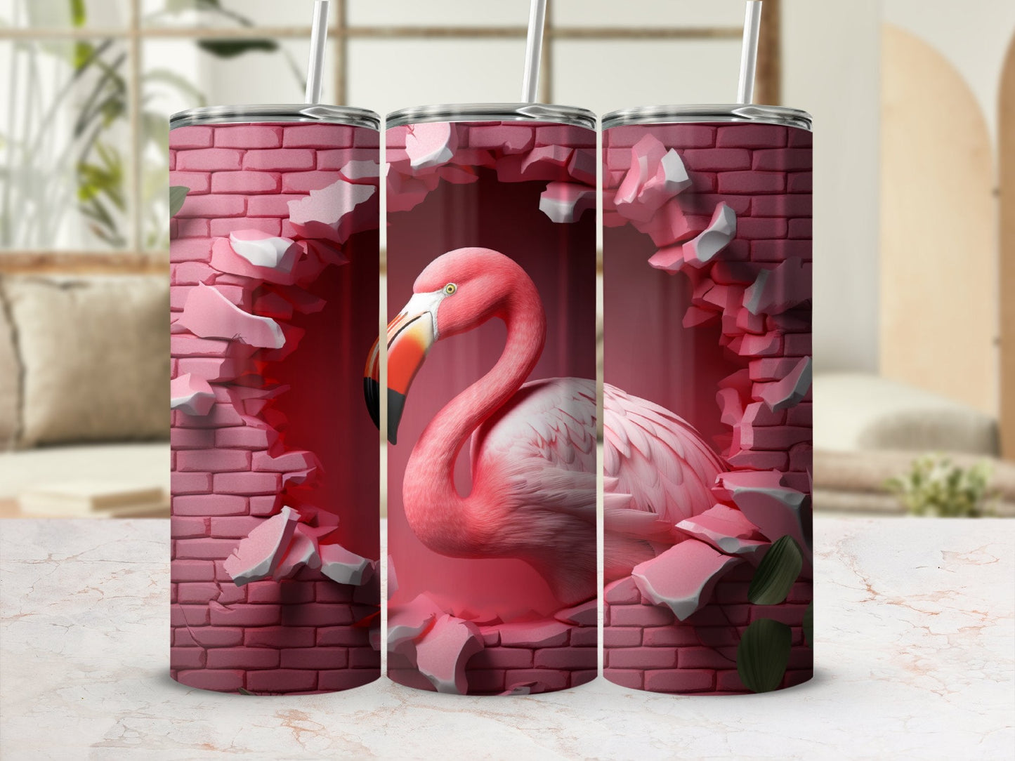 Flamingo 3D Cracked Hole 20 Oz 20oz skinny tumbler - Premium tumbler from MyDesigns - Just $26.95! Shop now at Lees Krazy Teez