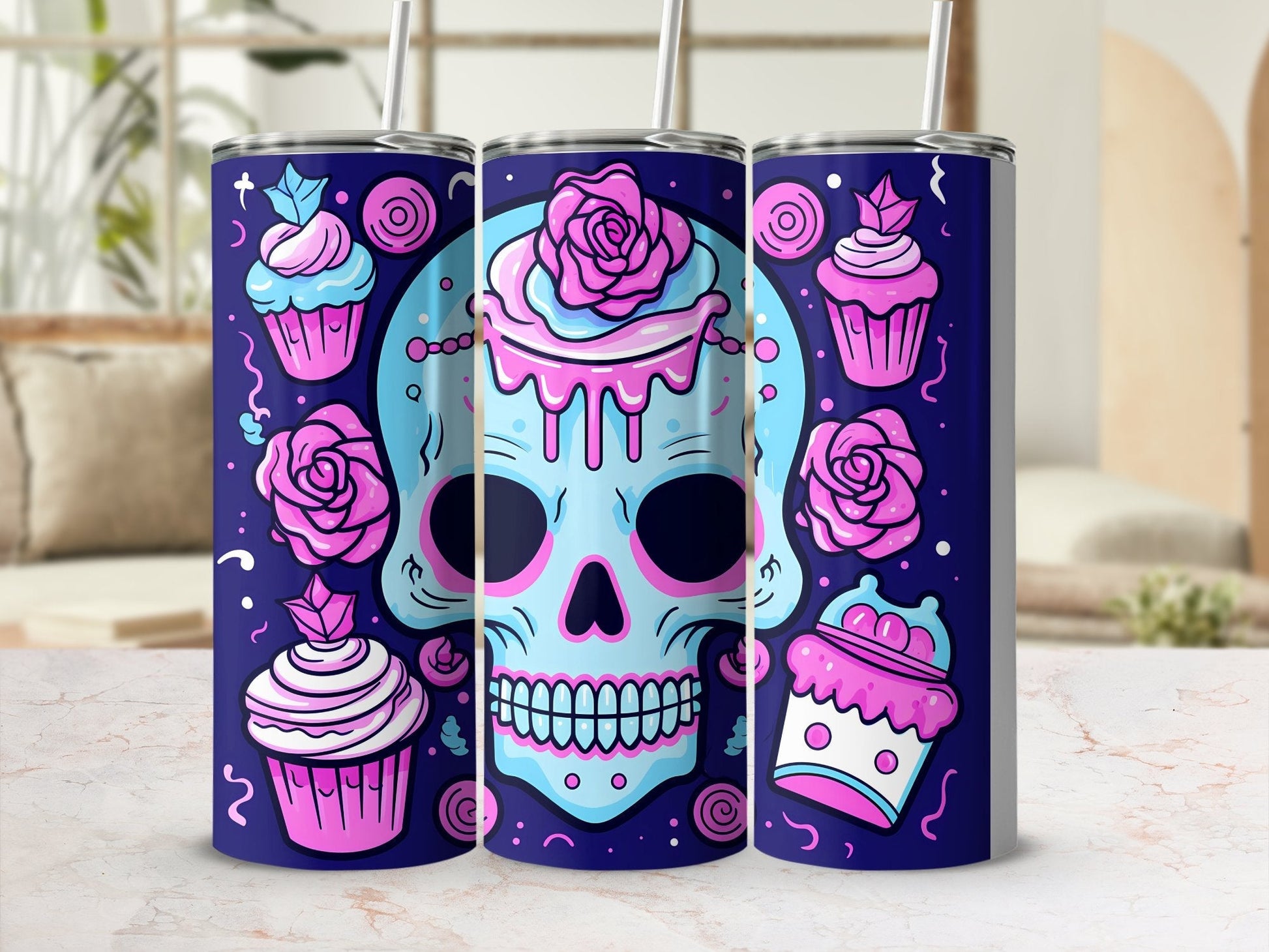 Blue skull pink cupcakes 20oz skinny tumbler - Premium tumbler from MyDesigns - Just $29.95! Shop now at Lees Krazy Teez