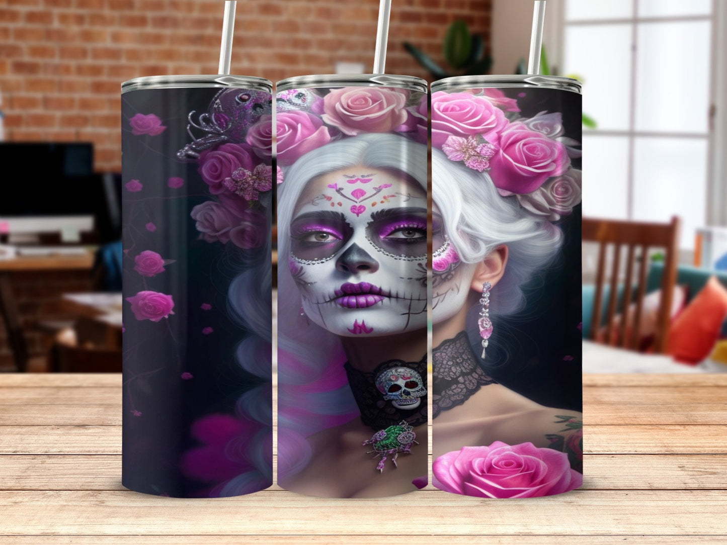 3d skull witch with pink roses 20oz skinny tumbler - Premium tumbler from MyDesigns - Just $29.95! Shop now at Lees Krazy Teez