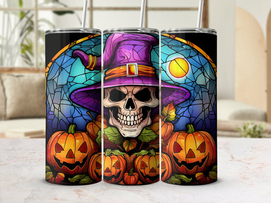 Skull witch with Pumpkins 20oz skinny Tumbler - Premium tumbler from MyDesigns - Just $26.95! Shop now at Lees Krazy Teez