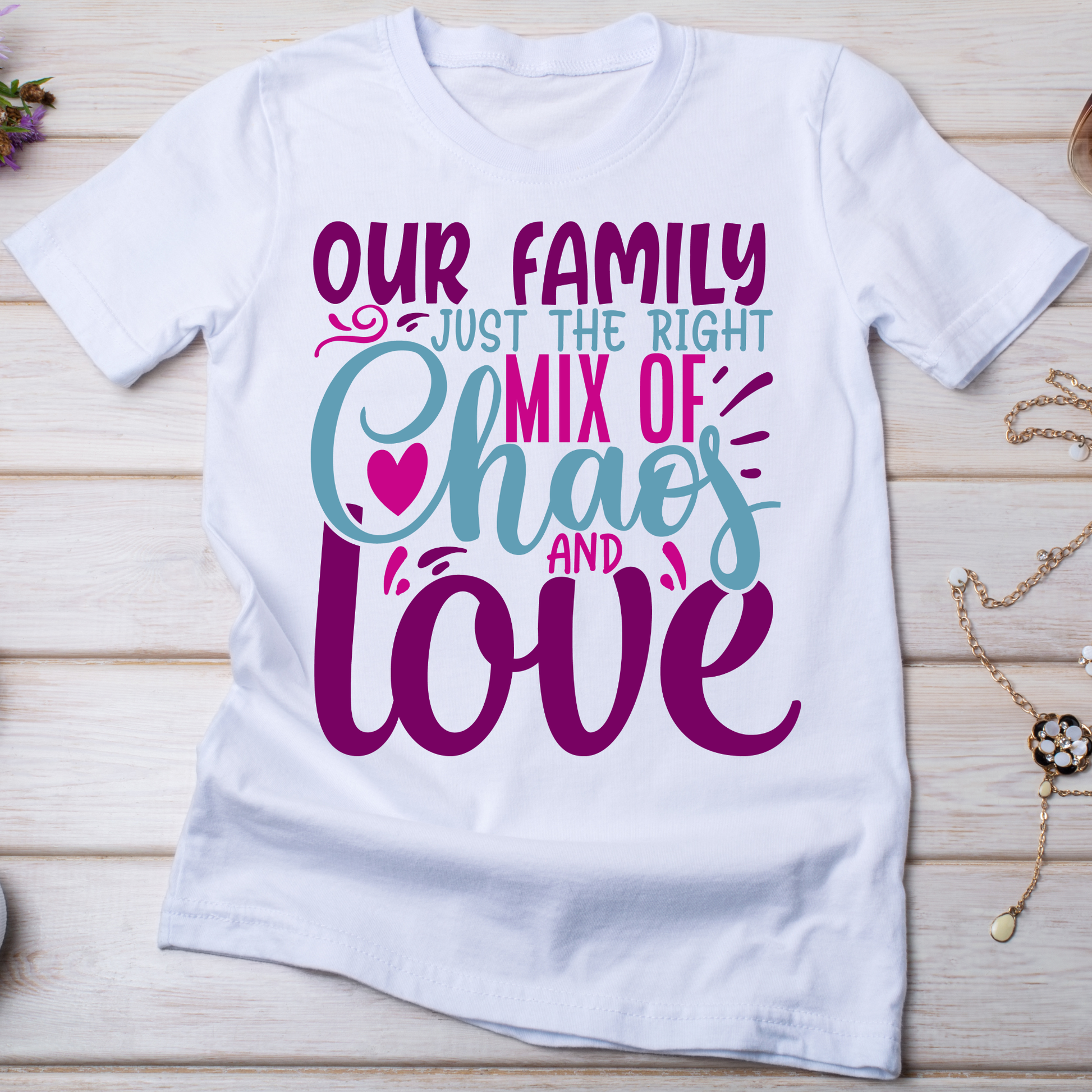 Our family just the right mix of chaos and love - trendy Women's t shirt - Premium t-shirt from Lees Krazy Teez - Just $19.95! Shop now at Lees Krazy Teez